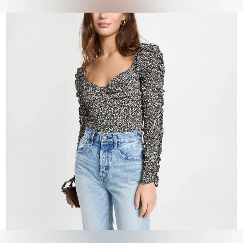 ASTR The Label Ditsy Floral Livie Top Blouse Black Green XS